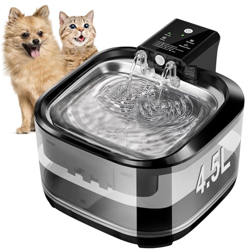 Fuente de Agua para Gato Inalámbrica, 4.5L Automática Bebedero para Gato y Perro con Acero Inoxidable Bandeja de Agua,Ultrasilencioso Fuente para Mascota de Gran Capacidad con Sensor de Movimiento