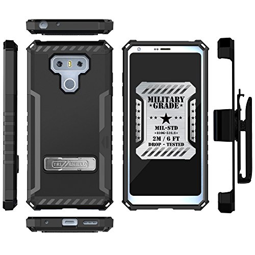 LG G6 Case, Trishield Durable Shockproof Rugged Full Body Protection Armor Phone Cover With Built in kickstand Card Slot Belt Clip Holster Screen Protector Lanyard Loop Carbon Fiber Black