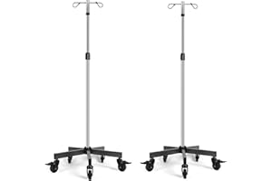 Konmee 2 PCS IV Poles IV Stands Portable Rolling 2 Hook 5 Legs Adjustable Height with Brake Wheels, Stainless Steel