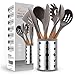 Miusco Silicone Cooking Utensils Set, 7 Piece Natural Acacia Wooden Kitchen Tool Kit with Utensil Holder