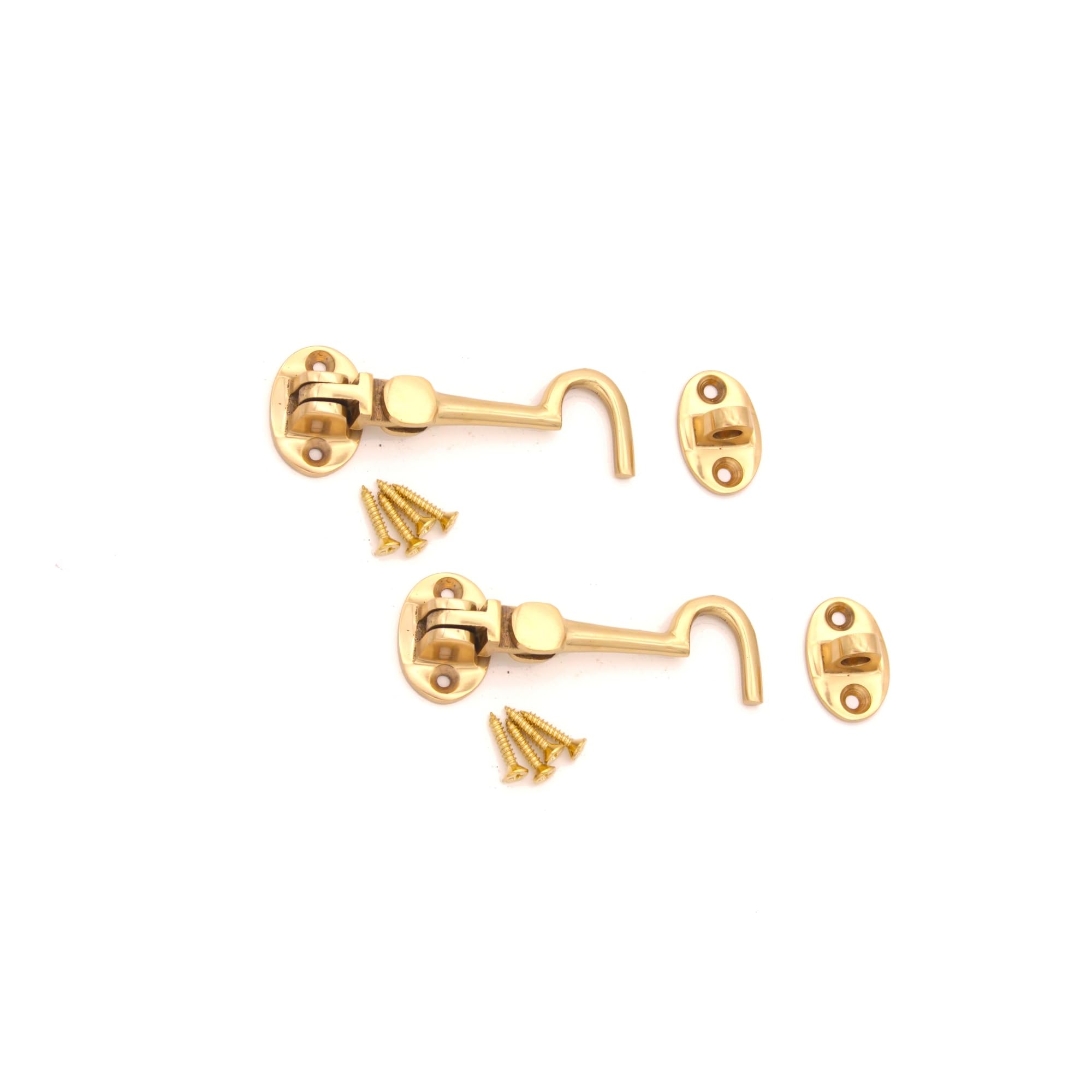 Infinity Decor Pack of 2, 3" (75mm) Heavy Duty Brass Cabin Hook & Eye Silent Catch/Latch/Holder/Back Gate/Shed/Patio Door in Various Finishes (Polished Brass)