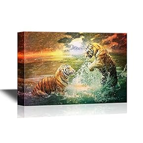 Romantic Tigers Playing In The Surf - Canvas Art