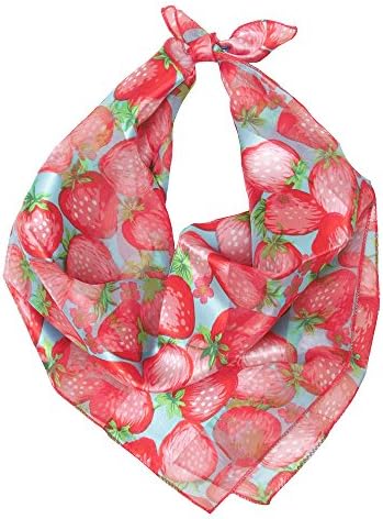 Women's Satin Striped Lightweight Spring/Summer/Fall Square Strawberry Printed Scarf (Turquoise/Pink)