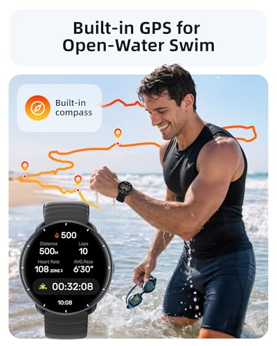 Parsonver Smart Watch Built-in GPS, 5ATM Swimming Smartwatch for Pool/Open Water, Fitness Watch with AMOLED Display, Heart Rate Sleep Monitor, 100+ Sports,Message Notification (Black, 42 mm)