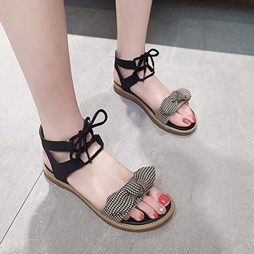 SMALLE ◕‿◕ Women's Elastic Flat Sandals, Women's Ladies Summer Ankle Strap Bowknot Beach Sandals Espadrilles Shoes Black