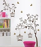 BIBITIME Birds Flying back to Birdhouse Two Branches with 3 Round Birdcages Wall Sticker for Door Window Desk Decor Decals ,DIY Size: 57.09 45.28 IN