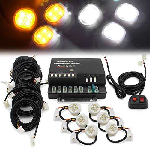 FOXCID 120W LED Hide Away Emergency Strobe Light Headlight Kit Hazard Waring System 6 Bulbs White Amber