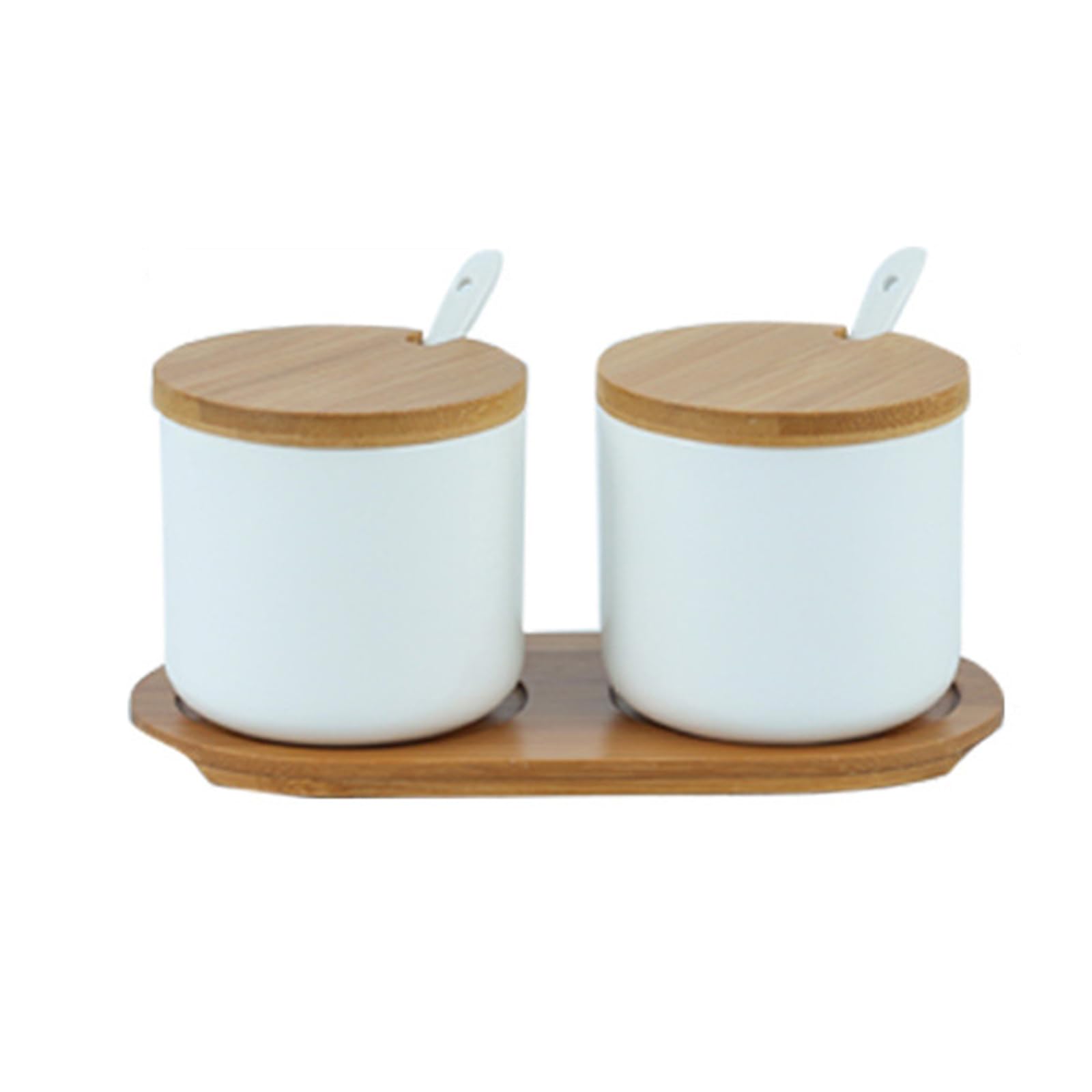 Ceramic Sugar Bowl, 250ml Sugar Pot with Spoon, Wooden Lid and Tray Spice Jar for Salt, Sugar, Coffee, Tea, Seasoning Box for Home Kitchen Coffee Bar, Set of 2 - White