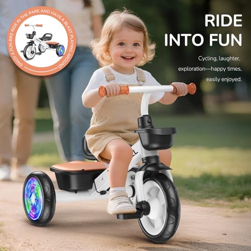 Umatoll Tricycle for Toddler 2-5 Year Old, Toddler Bike Outdoor Toys with Adjustable Seat&Light-Up Wheels, Birthday Gift for Boys Girls Ages 2–4 (White)