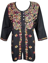 Mogul Womens Indian Tunic Blouse Cotton Button Front Black Chikankari Embroidered Top Shirt