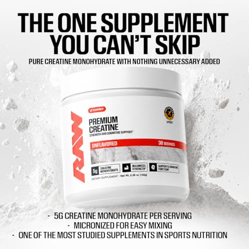 RAW Nutrition Creatine Monohydrate Powder, Unflavored (100 Servings) - Micronized Creatine Monohydrate Supplement for Workout Performance, Build Muscle & Strength - Creatine Powder for Men & Women