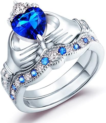 ZHENYUL 18KGP Blue Sapphire Queen Crown Friendship Love Heart Bridal Bands Wedding Engagement Claddagh Rings Set