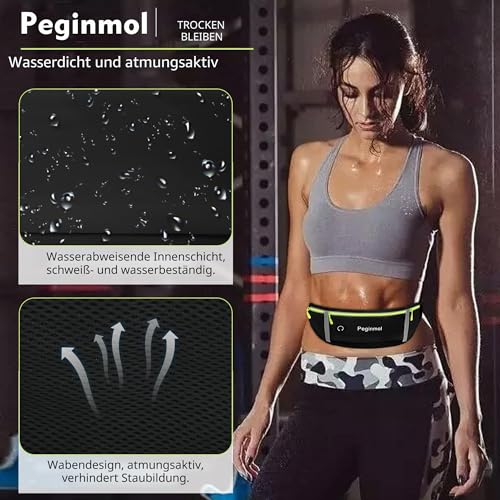 PEGINMOL Running Belt for Mobile Phone, Running Bag Jogging Waterproof Runner Waist Bag for Men and Women with 3 Pockets, Large Capacity Sports Belt, Adjustable Running Belt for Running (Black + Green)
