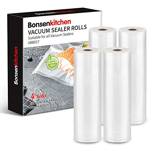 Bonsenkitchen Vacuum Sealer Bags Vacuum Food Sealer Rolls, 4 Pack Roll 28cm X 6m BPA Free Food Storage Bags,for All Vaccum Food Sealer Machines