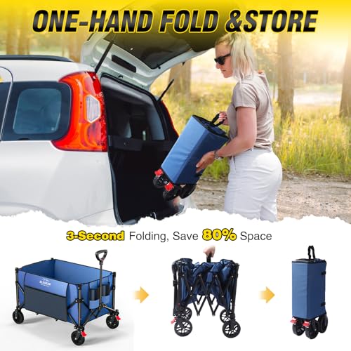 Elegear Folding Beach Cart with Wheels 150L, Folding Garden Cart with Adjustable Handle and Cup Holder, Foldable Transport Cart for Camping Shopping Sports, Blue