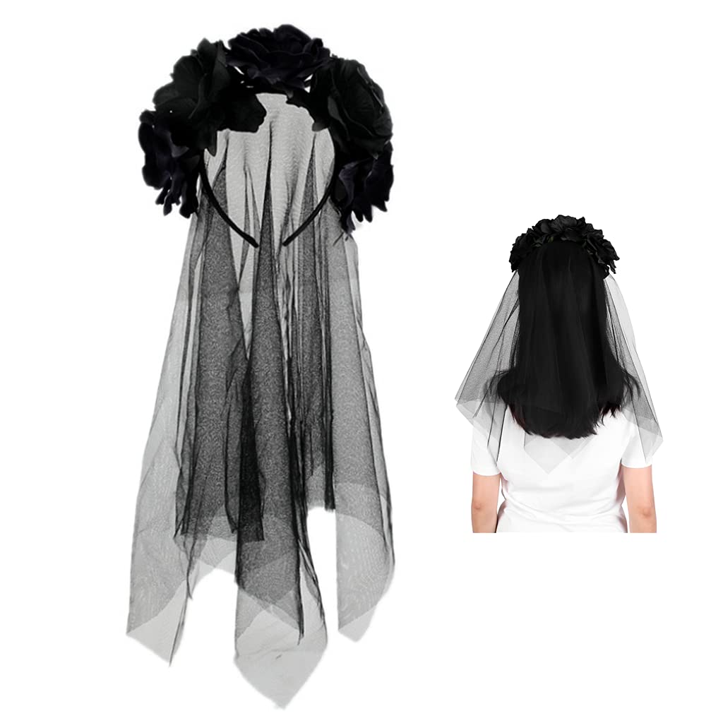 QCHOMEE Flower Headband with Black Veil Ladies Gothic Rose Garland Headwear Halloween Christmas Fancy Dress Up Costume Hair Band Accessory for Halloween Party Photography Props (Black)