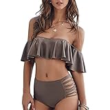 Gabria Women's Off Shoulder Swimsuit Two Pieces Swimsuit Crop Ruffled High Waist Bikini