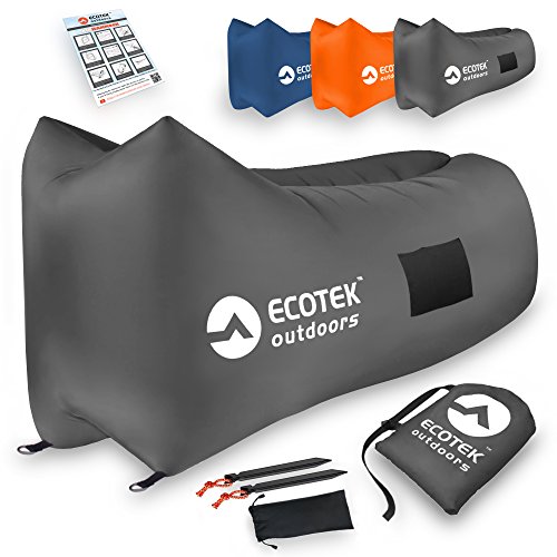 ECOTEK Outdoors Premium Inflatable Air Hammock Version 2.0 Lounge with Upgraded Fabric, Elastic Pockets, Aluminum Alloy Stakes, and Carry Bag (Charcoal Gray)