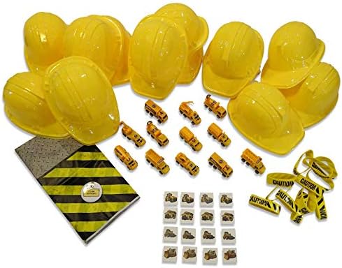 Construction Party Favors Helmets, Vehicles, Bracelets, Tattoos, Tablecloth, and Button (12 Pack)
