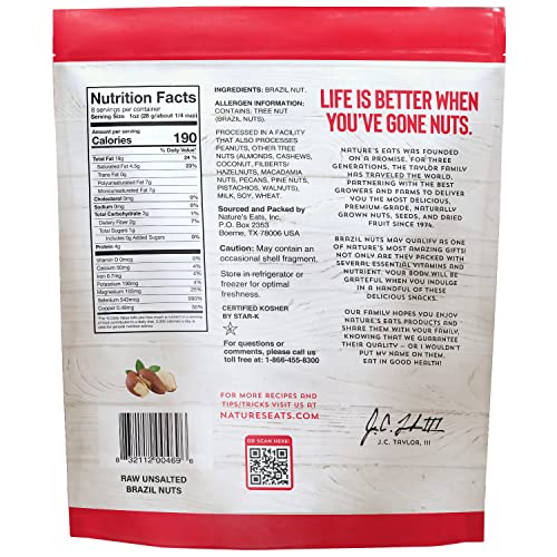 NATURE’S EATS RAW BRAZIL NUTS – WHOLE UNSALTED SUPERFOOD SNACK FROM BRAZIL – HEART HEALTHY, KETO, VEGAN – HIGH IN SELENIUM AND PROTEIN – PERFECT FOR BAKING, TRAIL MIX, OR SNACKING, 8 OZ