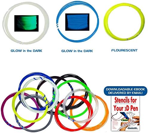 3D Pen Filament Refills - ABS 1.75mm filament pack - 14 different colors - 2 glow in dark - 280 Linear Feet Quality filament 3d pen - Bonus STENCIL EBOOK