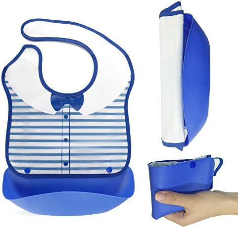 Roll Up Waterproof Baby Bib Detachable with Food Pocket, Easy wipe clean, Lightweight Flexible Adjustable Comfort-fit Fabric neck for Baby boys and girls Toddlers (blue)