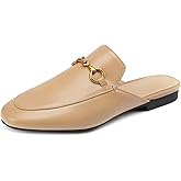 Arqa Mules for Women Almond Toe Leather Flats Slip-on Comfort Backless Loafers Buckle Mule Shoes