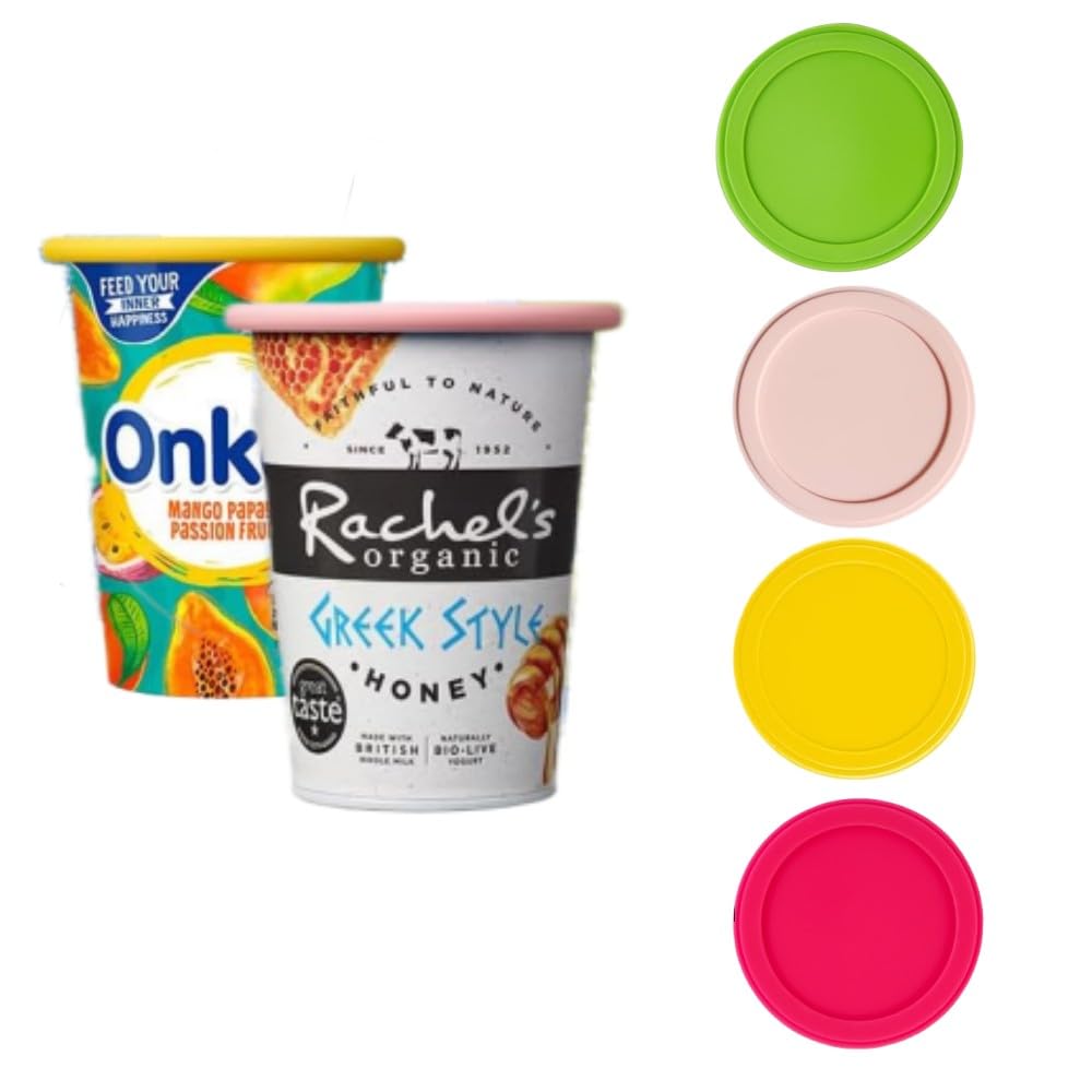 RuishiLinh 4 Pcs Reusable Yogurt Pot Lids Silicone Stretch Lids Designed to fit Standard Yoghurt and Cream pots