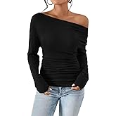 VKEGNIO Women's Off Shoulder Tops Fashion Long Sleeve Shirts Boat Neck Casual Pullover Tunic Tops Blouses