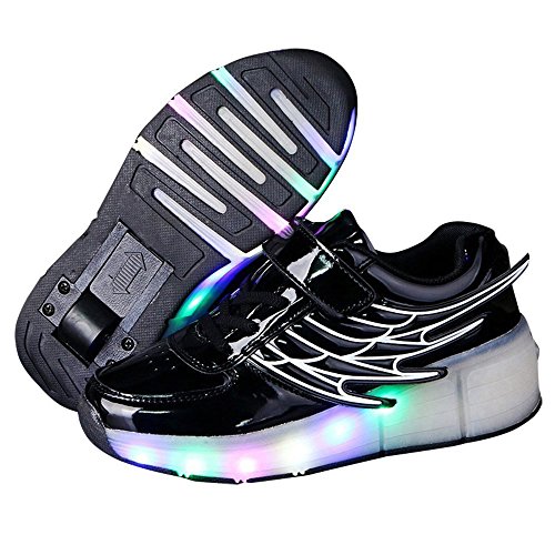 Rose town LED Light up High Top Wings Shoes USB Rechargeable Flashing Sneakers for Toddlers Kids Boys Girls(Black 1wheels29/11.5 M US Little Kid)