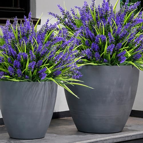 Geegoods Artificial Plants Flowers Outdoor – 24 Bundles UV Resistant Faux Lavender Flowers with Monkey Grass for Garden Porch Window Patio Hanging Planter Decor