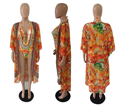 Women Sexy V Neck Boho Print Bikini Swimsuit with Long Kimono Cardigan Cover Ups - Thumbnail 2
