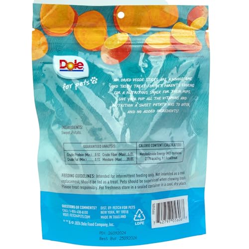 DOLE FOR PETS AIR DRIED SWEET POTATO DOG TREATS, SINGLE INGREDIENT DOG TREATS MADE WITH REAL SWEET POTATO, NO WHEAT, CORN, SOY, ARTIFICIAL FLAVORS, COLORS, OR PRESERVATIVES, 6 OZ