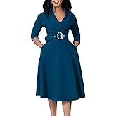 Elainone Women’s 3/4 Sleeve Flared A Line Dress Wedding Guest Casual Semi Formal Office Lady Dresses with Belt