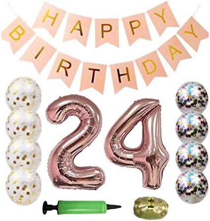 QTW 40inch Rose Gold Birthday 24th Number Balloon with Happy Birthday Banner Rose Gold Confetti Balloons, 24 Birthday Decorations,Birthday Party Decoration (Rose Gold 24)