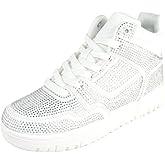 La Sheelah Flat Women High Top Fashion Sneakers Chelsea Shoes Lace Up Rhinestone Bling Sparkly Studs RICH-42