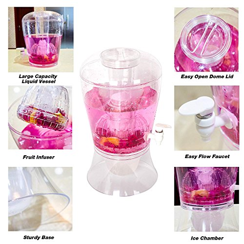 KARMAS PRODUCT Large 2 Gallon Beverage Dispenser With Ice Cylinder And Fruit Infuser, BPA Free,Leak Free and Shatterproof,Clear,2 Pack