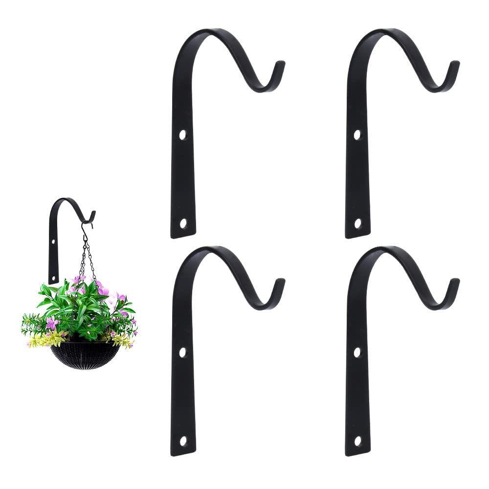 Kungfu Mall Iron 4pcs Basket Brackets, Black Wall Mount Hook for Hanging Planter Lantern Bird Feeder (11cm * 7.8cm, 3mm Thick)