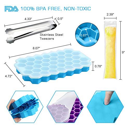 Ice Cube Trays with Lids,Icnice 3 Pack Flexible Silicone Ice Cube Molds 111 Cavities Ice Trays BPA Free with 20 Ice Popsicle Bags,Ice Cube Clamp and Funnel for Cocktail,Whiskey,Chilled Drinks