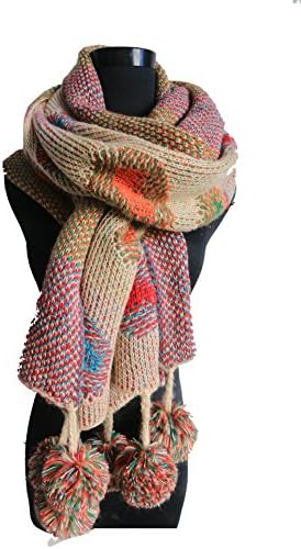 Winter Polka-dot Pompom Scarf Handmade Knitted Reversible Long Shawl With Balls