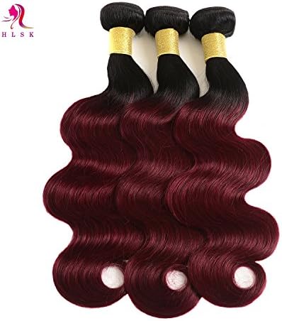 HLSK Hair Ombre Human Body Wave 3 Bundles Brazilian Virgin Hair 2 Tone T1B/99J Black to Burgundy Hair Extensions (T1B/99J,16 18 20)