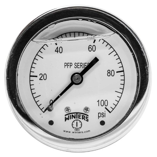 Winters PFP Series Premium Stainless Steel 304 Single Scale Liquid Filled Pressure Gauge, 0-100 psi, 2-1/2" Dial Display, +/-1.5% Accuracy, 1/4" NPT Back Mount