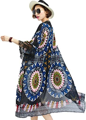 Women's Floral Printed Chiffon Kimono Cardigan Contrast-Trim Long Beach Cover Up (3XL, Blue)