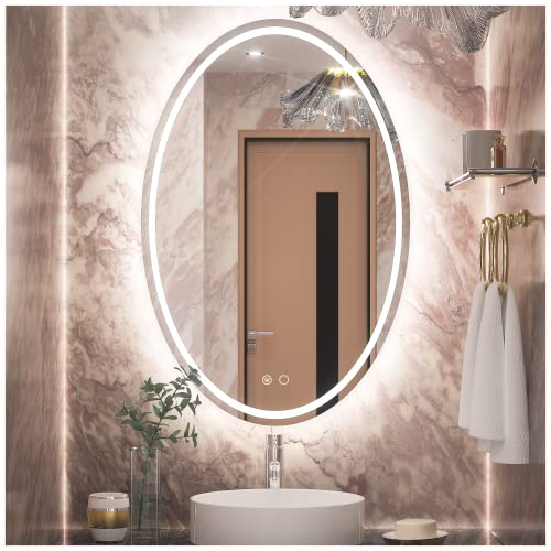 Keonjinn Oval Bathroom LED Mirror 24 x 36 Inch Frontlit and Backlit Oval Mirror with Lights Anti