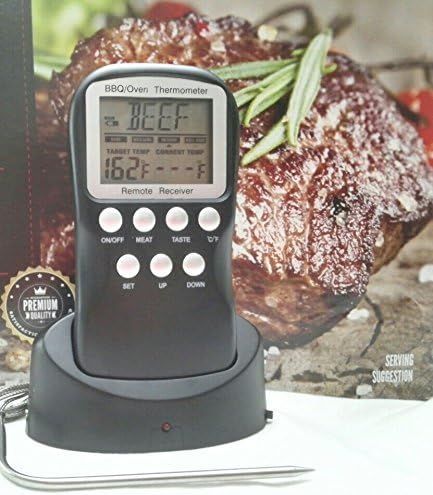 Wireless Meat Thermometer with Alarm &amp; Timer for Oven Smoker Bbq Grill. Portable Receiver &amp; Fast Accurate Readings. Pre Set for Beef Chicken Pork Turkey Fish Lamb Hamburger.