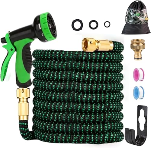 Expandable Garden Hose 15 Metres – Garden Hose Expandable Flexible with 10 Functions Spray Gun, 3/4 Inch and 1/2 Inch Connectors for Garden, Outdoors and Car Washing