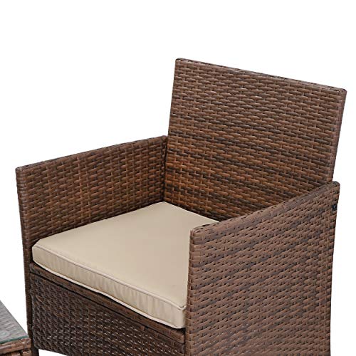 Oteymart 3 Pieces Outdoor Furniture Wicker Rattan Conversation Set 2 Club Chairs with Coffee Table Modern Bistro Set for Yard or Backyard Garden PE Patio Furniture (Brown)