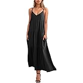 Febriajuce Women’s Summer Maxi Dress Casaul Spaghetti Straps Solid V-Neck Backless Cami Dresses with Two Pockets