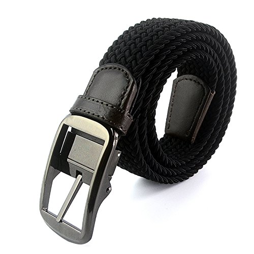 JasGood Men's Elastic Canvas Woven Stretch Casual Belt Waistband With Leather Tipped End Silver Metal Buckle, Black, 41.3 Inch