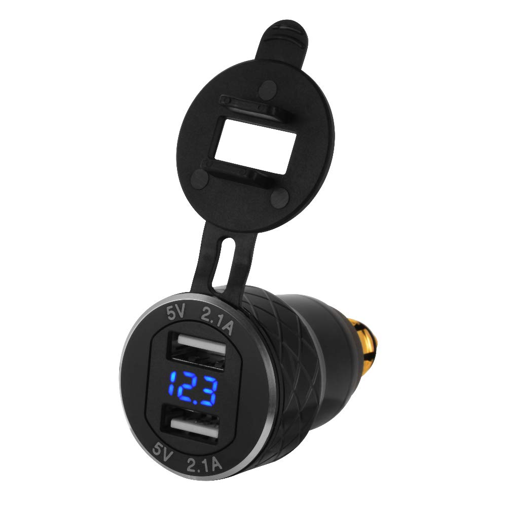 Sun3Drucker Dual USB Charger 4.2A Adapter + Voltmeter QC 3.0 Quick Charge Red Green Blue LED Voltage Indicator for Motorbike Motorcycle BMW DIN Hella Socket Black